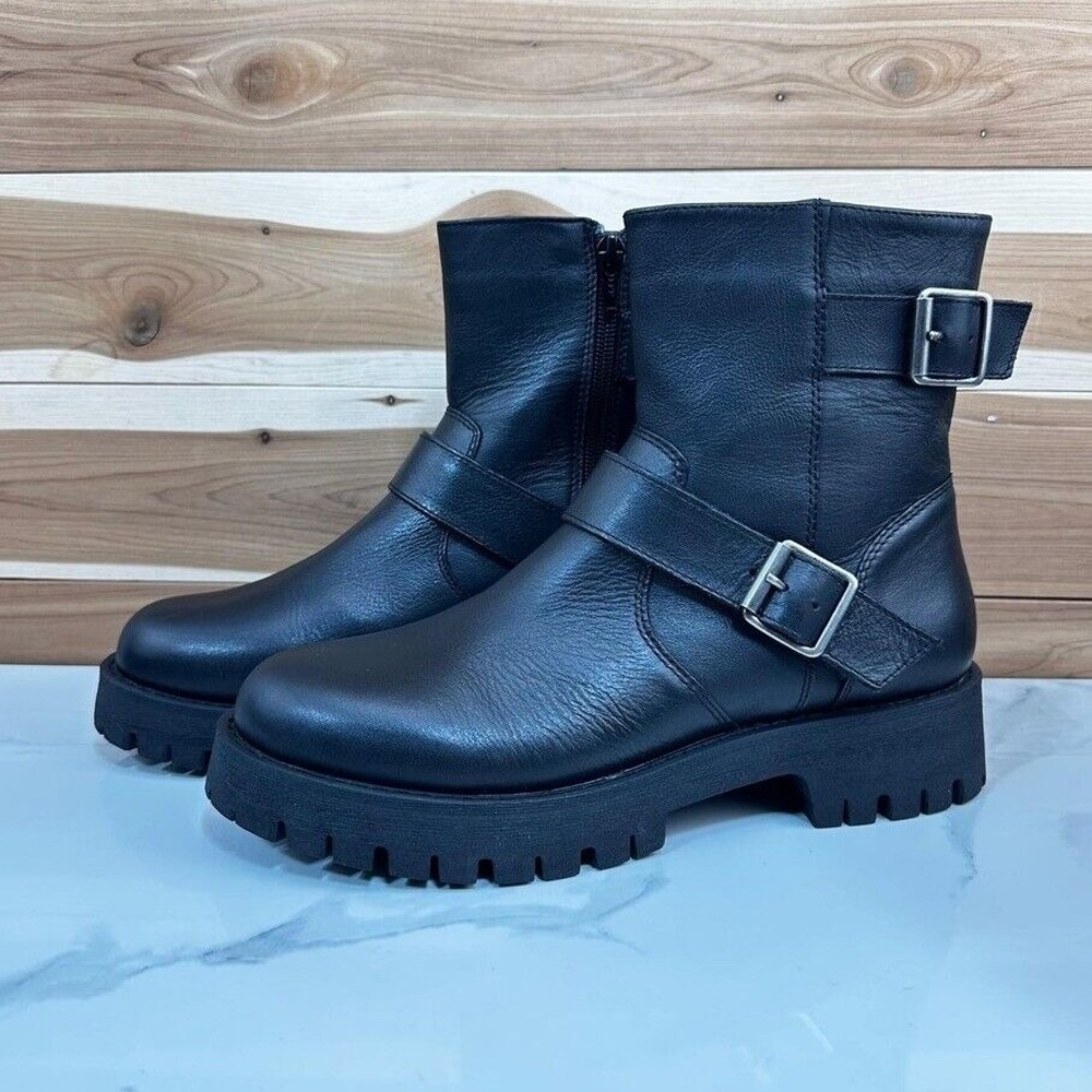 New Steve Madden Crusader Women's Leather Inside Zip Lug‎ Boot Black size 8